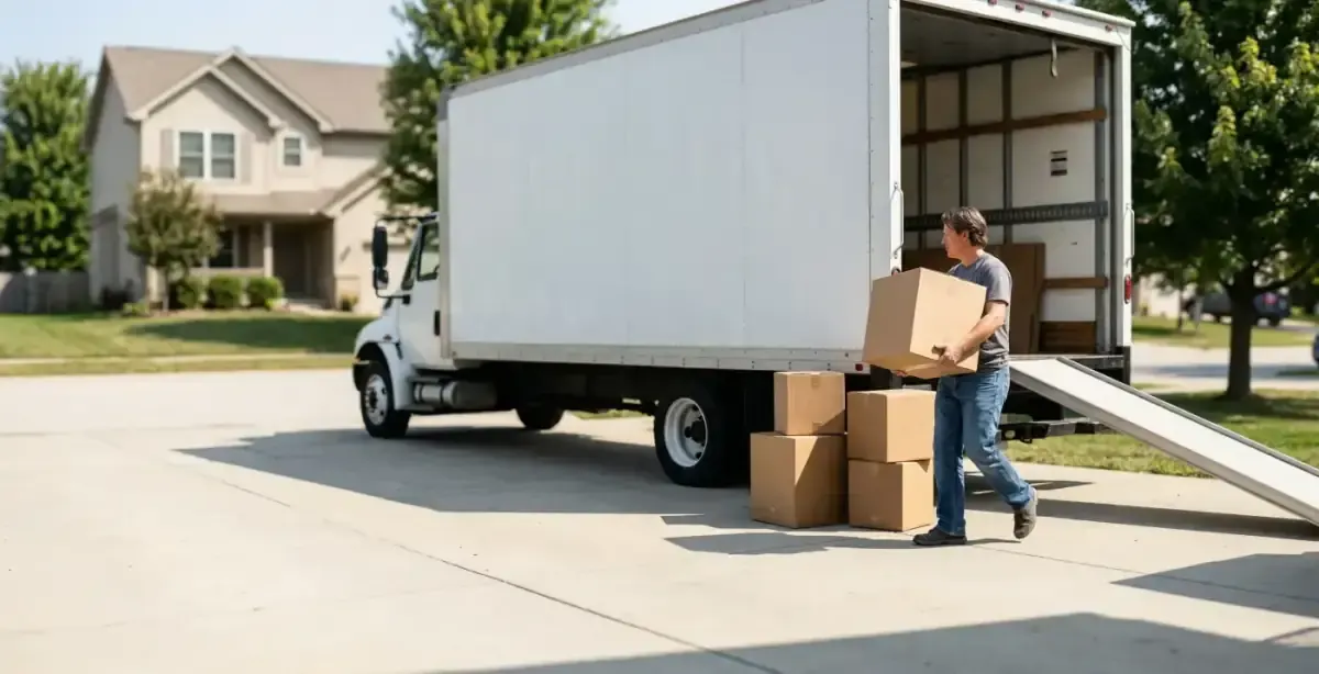 Man loading moving boxes into truck in suburban neighborhood