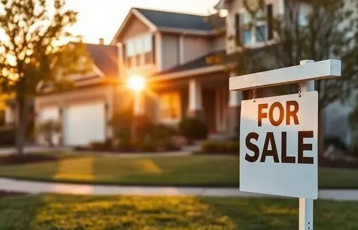For sale sign in front of a suburban house at golden hour