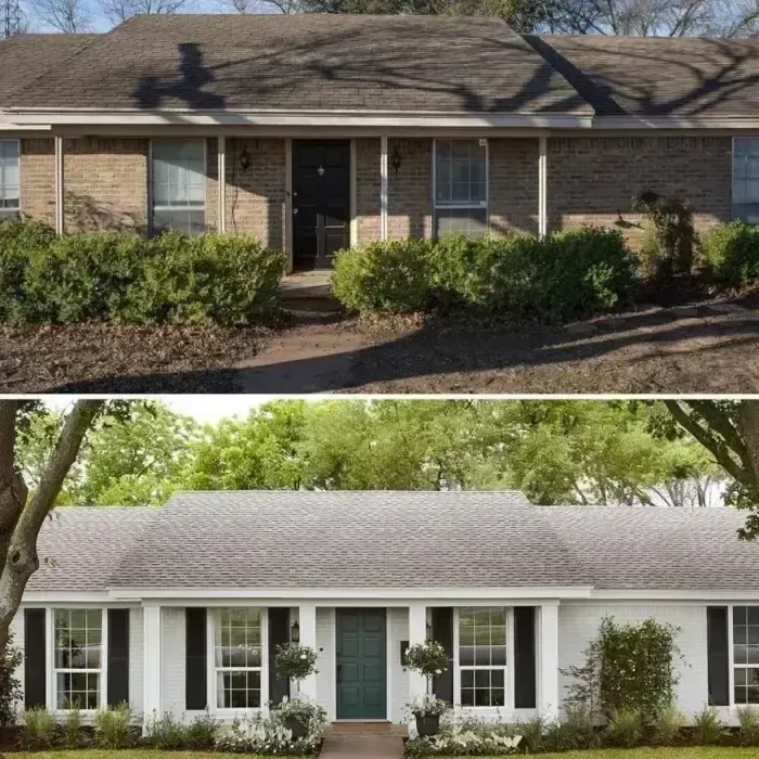 Before and after exterior renovation showing brick ranch transformed to white painted modern curb appeal by Homewise in Dallas Texas
